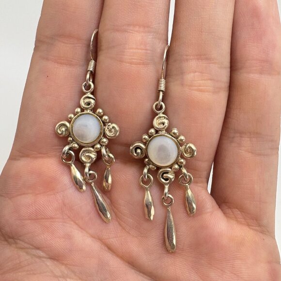 VTG Solid Sterling Silver 925 White Gemstone Dangle Earrings Size 2" Length - Picture 10 of 12